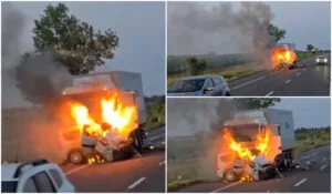 Carambol mortal pe Drumul Morții! Șoferul unei Dacii Logan a murit carbonizat după ce a intrat pe contrasens și s-a izbit de un camion!