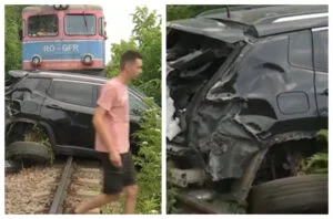 Mașină lovită de tren marfar în Buzău, șofer rănit grav și transportat la spital, tren pe ruta Suceava-Constanța
