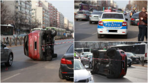 Haos în București, după ce o mașină s-a răsturnat pe Ștefan cel Mare! Șase vehicule distruse și o femeie la spital