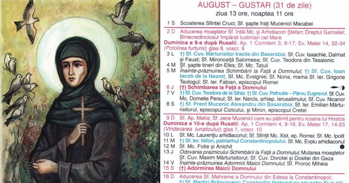 Ce sărbătoare este în calendarul ortodox pe 7 august 2026. Sfânta Cuvioase Teodora de la Sihla